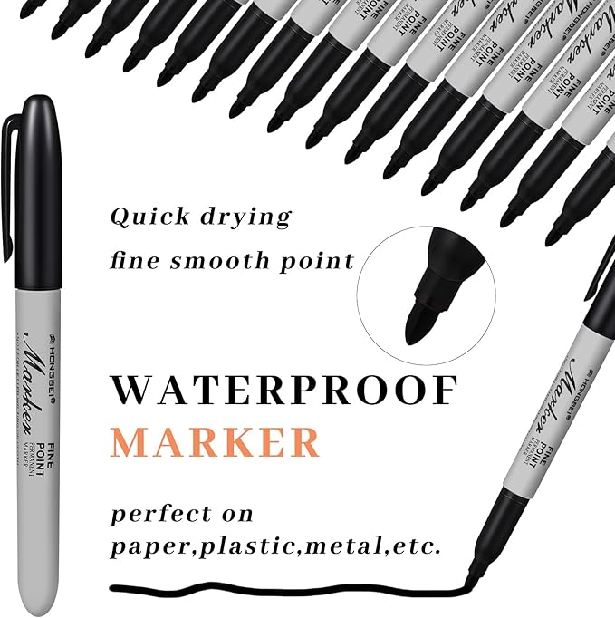 Thenshop 60 Pack Black Permanent Markers Bulk - Fine Point Permanent Marker Quick Drying Waterproof Pens for Doodling Writing Marking Classroom Work on Wood Metal Stone Glass, Office School Supplies