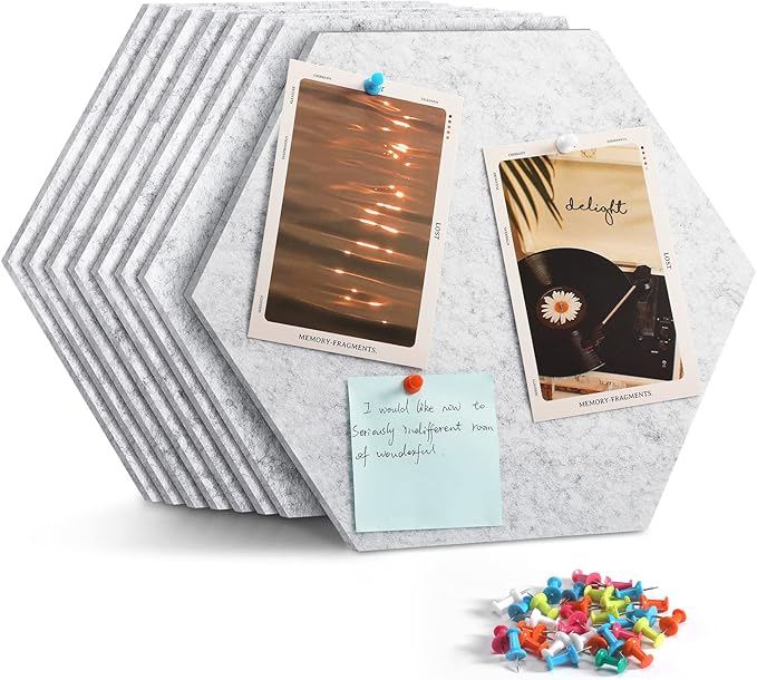 Uoisaiko 12" Large Bulletin Board with 30 Push Pins, Pack of 8 Hexagon Felt Pin Board Notice Boards for Home Office Kitchen, Felt Wall Tiles for Photos Memos