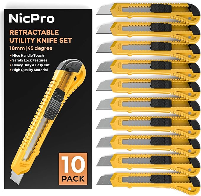 Nicpro 10 Pack Utility Knife Set, Retractable Box Cutters for Cartons, Cardboard and Boxes, 18 mm Razor Razor Sharp Blade Knife with Smooth Mechanism for Heavy Duty Office, Home, Arts Crafts, Hobby