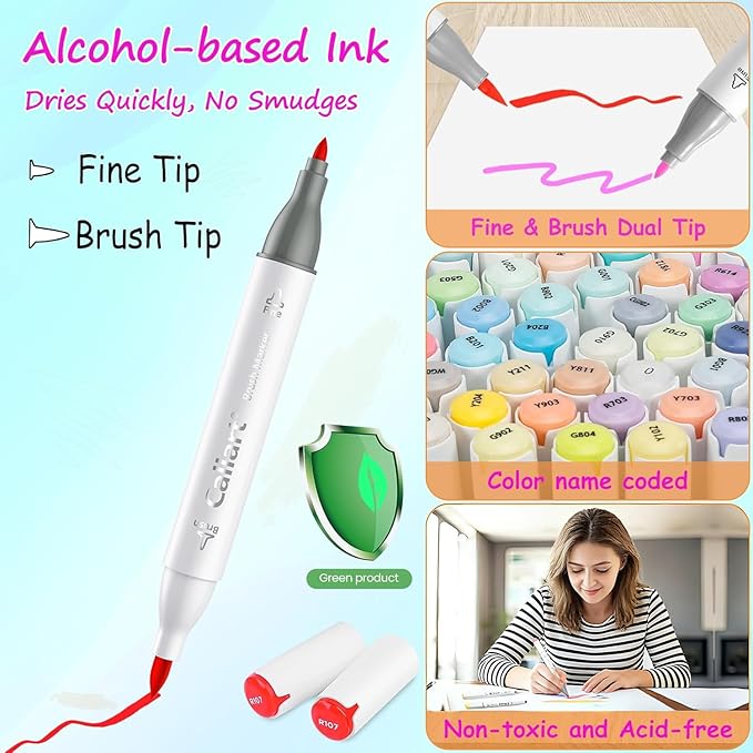 Caliart Alcohol Markers Brush Tip, 51 Colors Dual Tip Artists Coloring Markers Set Brush & Fine, Permanent Alcohol Based Colored Sketch Pens, Art Supplies Gifts for Adults Illustration Drawing
