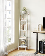 Hzuaneri Ladder Shelf, Bookshelf Bookcase, Freestanding Corner Storage Shelve with 2 Hooks for Home Office, Living Room, Kitchen, Bedroom, Industrial, 5-Tier White BC03213W