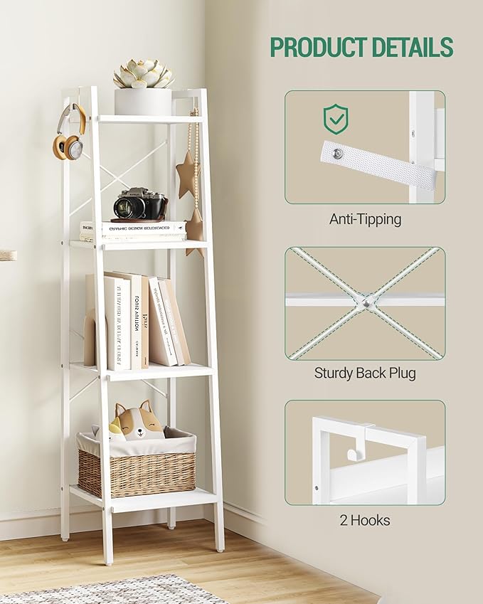 Hzuaneri Ladder Shelf, Bookshelf Bookcase, Freestanding Corner Storage Shelve with 2 Hooks for Home Office, Living Room, Kitchen, Bedroom, Industrial, 4-Tier White BC13213W