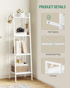 Hzuaneri Ladder Shelf, Bookshelf Bookcase, Freestanding Corner Storage Shelve with 2 Hooks for Home Office, Living Room, Kitchen, Bedroom, Industrial, 4-Tier White BC13213W