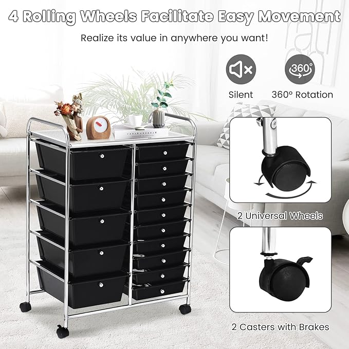 COSTWAY 15 Drawer Rolling Storage Cart, Multipurpose Mobile Storage Organizer w/Removable Drawers & Metal Frame, Utility Tools Paper Organizer on Wheels for Home, Office (Black)