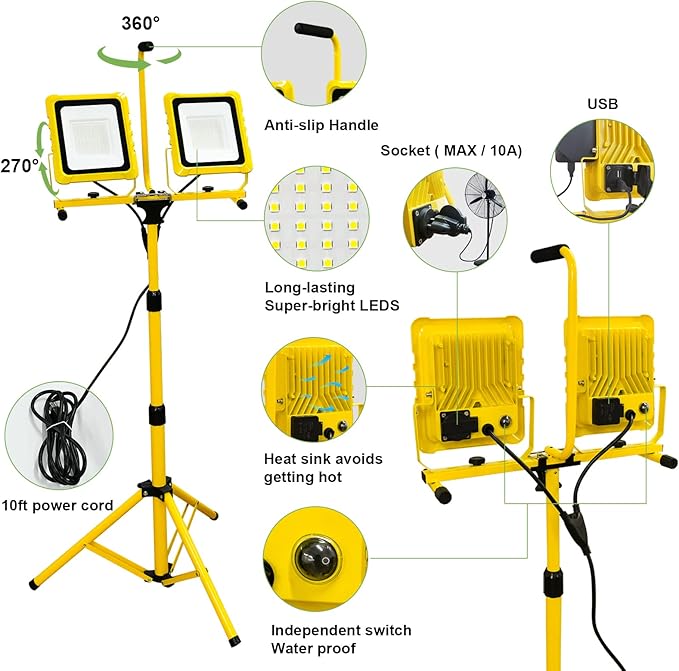 25000 Lumen Work Lights with Stand, Dual Head LED Work Light with USB & Socket, Waterproof Portable Lights with Individual Switch, Led Flood Light with 72 Inch Adjustable Metal Telescoping Tripod