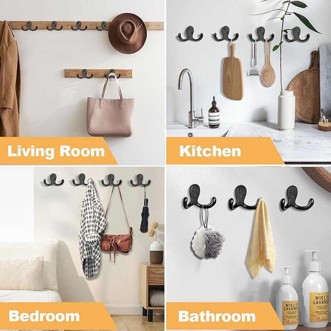 CBWLWJ 15 Pack Coat Hooks Wall Hooks for Hanging, Heavy Duty Double Prong Metal Hook Wall Mounted for Living Room, Bathroom, Kitchen, Bedroom for Coat, Bag, Scarf, Towel, Hat, Key, Cup (Black)