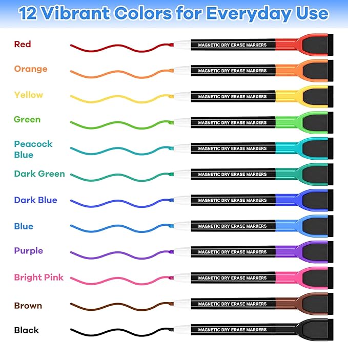 SUQJOY Magnetic Dry Erase Markers with Eraser Caps, Fine Tip 1-2mm, Low Odor Quick Dry Ink, 12 Colors, Whiteboard Marker Set for Fridge Calendar Office, 12 Count