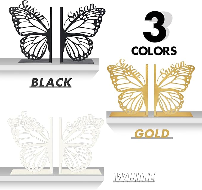 Personalized Butterfly Decorative Book Ends, Heavy Duty Bookends for Shelves, Non-Slip Book Stopper, Metal Modern Bookshelf Decor for Home Office Study Room, Gifts for Readers Color01