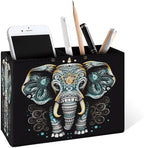Famame Vintage Lotus Ethnic Elephant Pencil Holder for Desk, Leather Desktop Container Pen Cup Storage Study Table Pen Organizer Makeup Brush Holder for Classroom Office Home