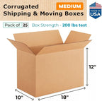 Medium Shipping & Moving Boxes 18"L x 10"W x 12"H (25-Pack) - Extra Strength 200 lb vs Regular - Corrugated Moving Boxes, Made in USA - Heavy Duty Box for Packaging by IDL Packaging