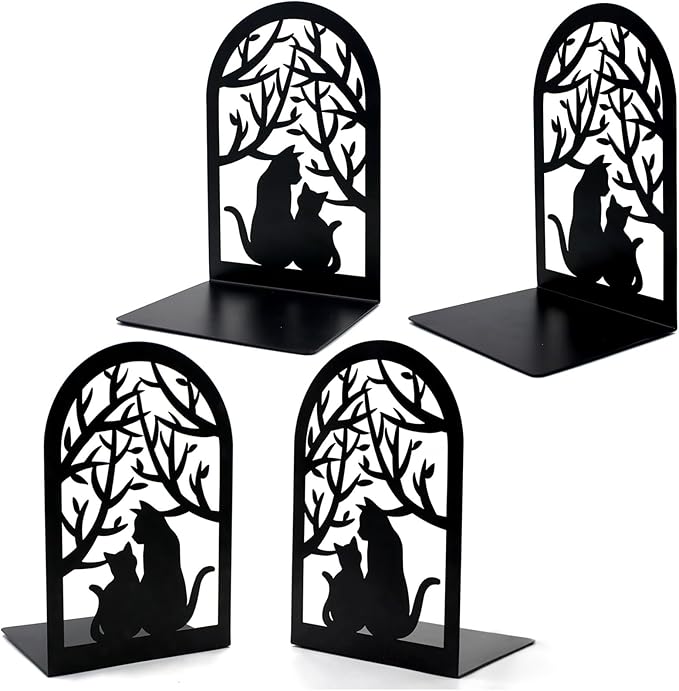 Book Ends, Bookends, Metal Bookend, Cat Decorative Bookends, Bookends for Shelves, Home Decorative Bookends for Heavy Books, Black Non-Skid Book Stopper, 7 x 4.7 x 4 inch (2 Pair)