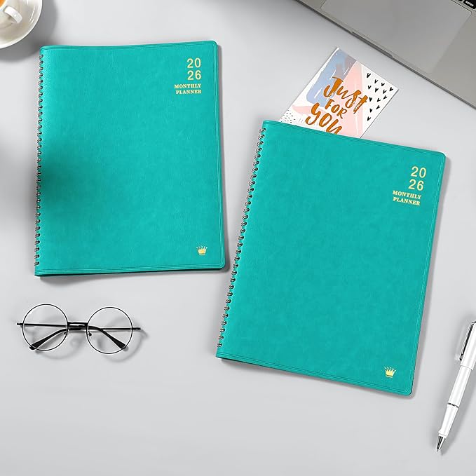 2026 Monthly Planner - Jan 2026 - Dec 2026, 12 Months Calendar/Planner with Faux Leather, 8.86" x 11.4", 15 Notes Pages, Strong Twin - Wire Binding, Pocket, Monthly Tabs, Perfect Organizer- Green