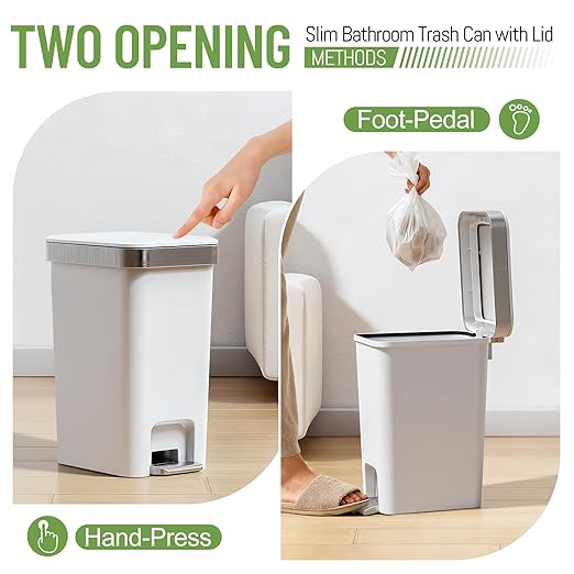 accep 2 Pack Bathroom Garbage Can with Lid, 2.6 Gallon /10 Liter Small Trash can, Press Top Bin & Step Metal Pedal Trash Bin, Mini Waste Basket for Bedroom, Home Office, Toilet, Dorm (Grayish-White)