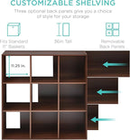 Best Choice Products 9-Cube Storage Organizer, 11in Shelf Opening, Bookcase, Display Shelf, Customizable w/ 3 Removable Back Panels - Walnut