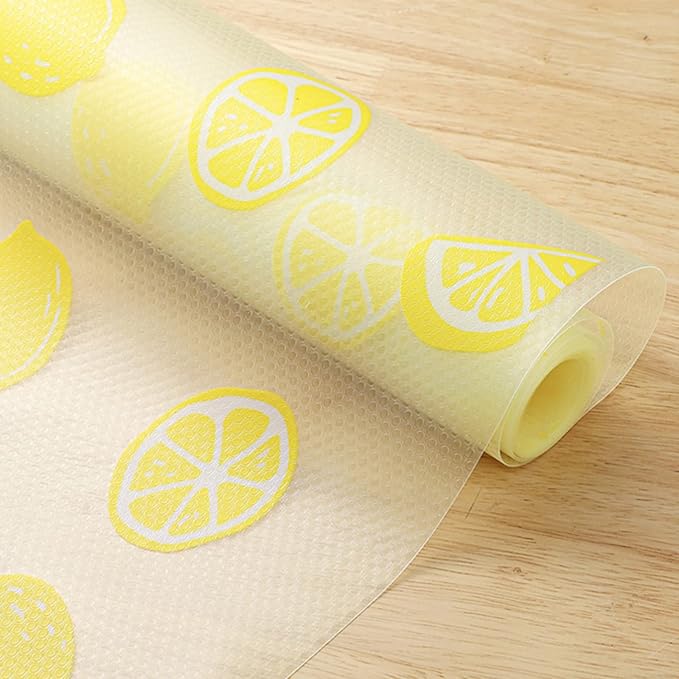 Lemon Print Shelf Liner for Kitchen Cabinets - Non-Adhesive Drawer Liner, Non-Slip Refrigerator Liner, Waterproof Fridge & Pantry Mat - Easy to Cut & Clean