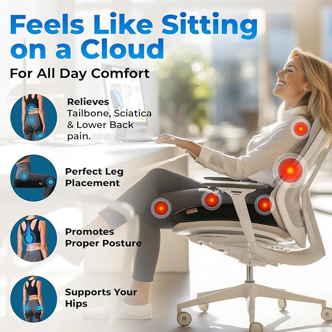 TOP COMFORT Seat Cushion, BodySync™ Technology with Non-Slip Gel & Memory Foam for Tailbone, Sciatica & Back Pain Relief, Office Chair Cushion, Car Seat Cushions for Driving (Black)