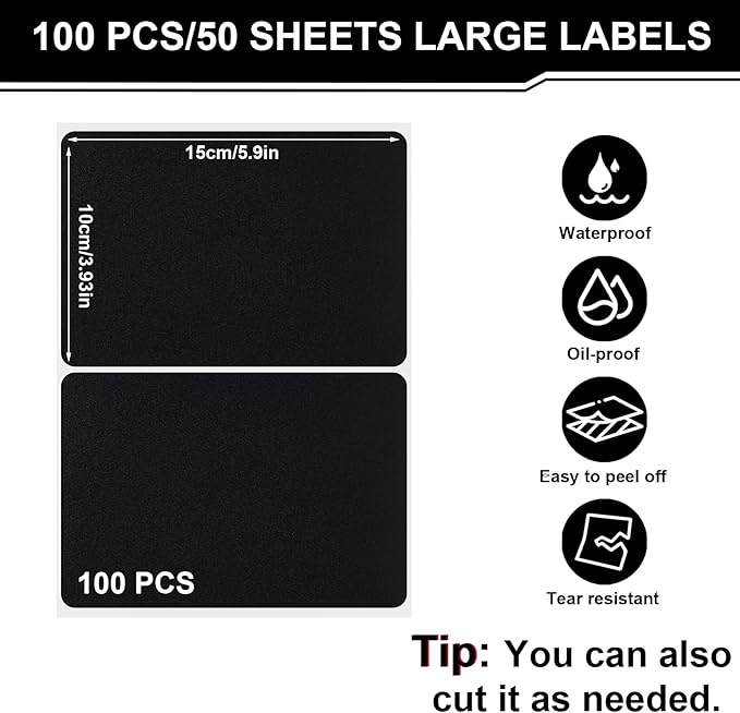 100 Pcs Labels for Storage Bins, 6 x 4 inch Black Large Label Stickers with 1 Liquid Chalk Marker Removable Labels Adhesive Chalkboard Labels Tear Resistant No Residue for School Business Home