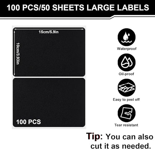 100 Pcs Labels for Storage Bins, 6 x 4 inch Black Large Label Stickers with 1 Liquid Chalk Marker Removable Labels Adhesive Chalkboard Labels Tear Resistant No Residue for School Business Home