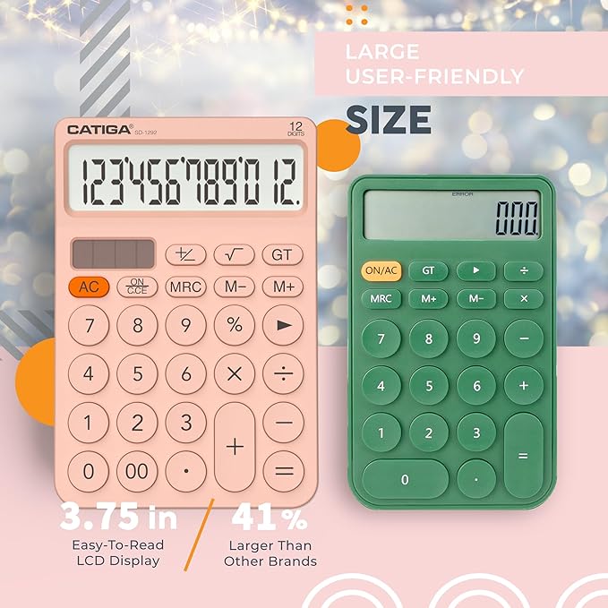 CATIGA 12 Digit Desktop Calculator Basic Desk Calculator with Large LCD Display, Big Buttons, 4 Function, Solar and Battery Dual Power, for Office, School, Home, SD-1292 Pink