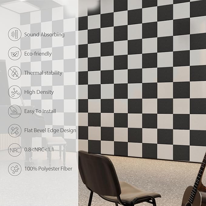 Amantech 12 Pack Acoustic Panels Self Adhesive Sound Proof Foam, High Density Sound Acoustic Panel, 12X12X0.4 Inch Square Panels in Home, Office, Reccording Room, Studio,and more(Black)