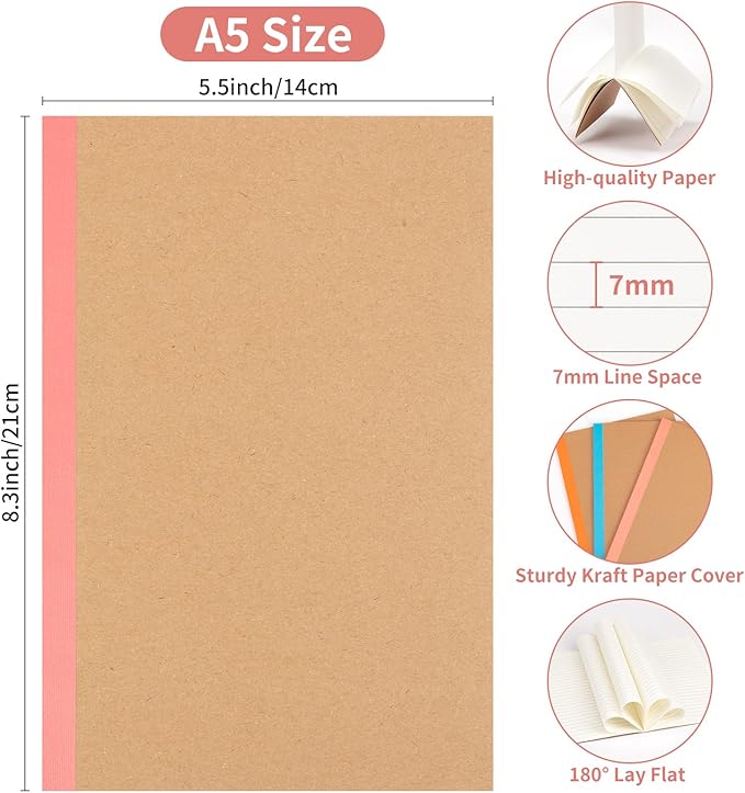 ALKALO 30 Pack Lined Notebook Journals Bulk, A5 College Ruled Composition Notebook, 8.3”x 5.5”,Kraft Cover with Rainbow Spines, 15 Colors 60 Pages for School Office Travel