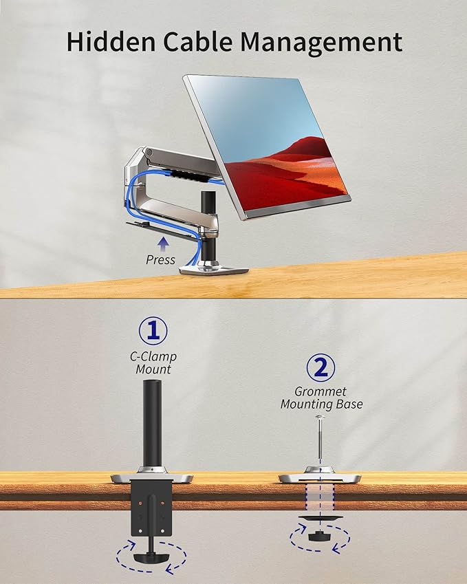 Ergounion Single Monitor Arm Desk Mount, Holds Screens up to 40 Inches and 25 lbs, Fully Adjustable Vesa Monitor Mount with C-Clamp and Grommet Base, Aluminum, Silver