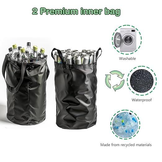 Pakusane Recycling Bin for Kitchen Indoor Home,Beige Color Large 100L/ 26 Gallon Recycle Bin with Lid Removeable Reusable Inner Bag Bottle Can Glass Waste Plastice Stickers