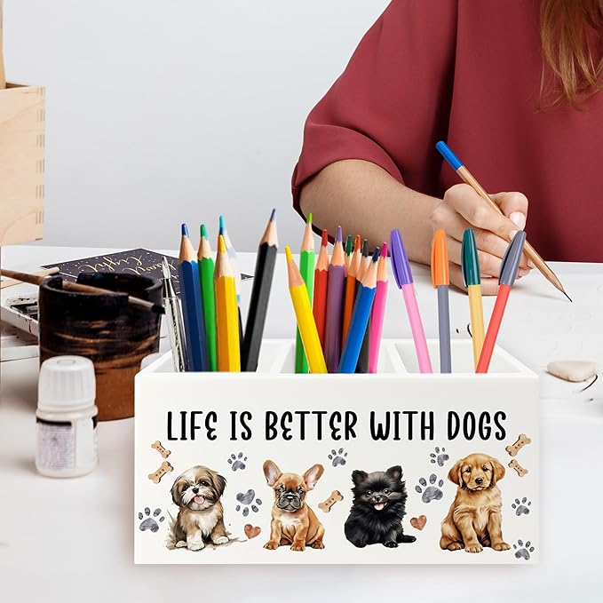 QZQE Dog Pen Pencil Holder Organizer for Desk, Dog Lovers Mom Gifts for Women, Life Is Better with Dogs Wooden Box Signs Decorations for Home Office Desk Tabletop, Gifts for Pet Lovers