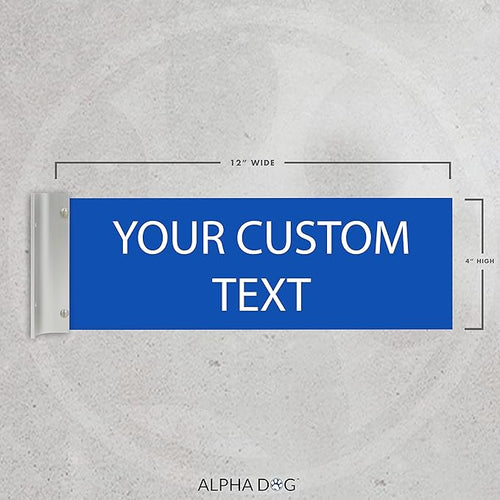 ALPHA DOG SIGNS Custom Projecting Hallway Nameplate, 4"x12" Double-Sided Business Sign, Personalized 2-Line Text, Indoor Outdoor, Easy Install, Durable, Made in USA (Blue)