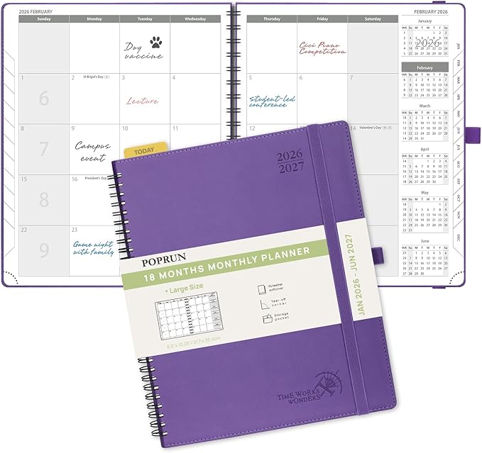 POPRUN Monthly Planner 2026-2027 (Large 8.5" x 10.5") 18 Months Calendar Book(Jan 2026 - Jun 2027) - 4 Pages per Month with Expense & Notes, Stair-like tabs, Leather Cover, Sunday Start - Purple
