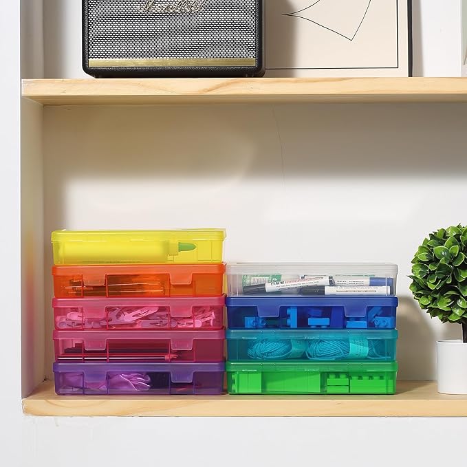 novelinks Stackable Plastic Clear Storage Box Containers with Latching Lid - Art Craft Supply Organizer Storage Containers for Pencil Box, Crayon, Beads, Jewelry (9 Pack Medium -Color)