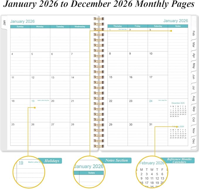 2026 Planner - Planner 2026 from January 2026 to December 2026, Weekly & Monthly Planners Spiral Bound with 12 Monthly Tabs, Inner Pocket, 6.4" x 8.5", Pink