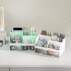 COMFYROOM Desk Organizer with 6 Compartments and 2 Drawers, Plastic Makeup Organizer, Pen Holder for Desktop Storage, Desk Organization for School, Home, Office Supplies (Mint Green)
