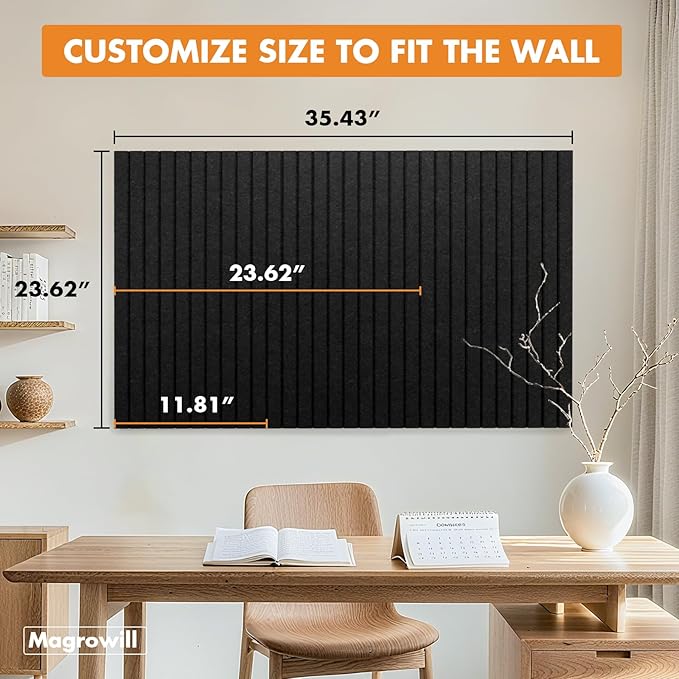 Cork Board Tiles for Wall with Push Pins, Removable 36" x 24" Slat Bulletin Board Sets, Adhesive Pin Board | Magrowill 6 Packs Felt Panels for Office Home Classroom Dorm Interior Wall Decor, Black