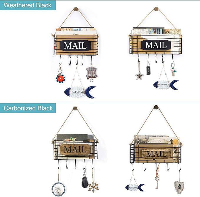 SRIWATANA Rustic Mail Key Holder, Mail Organizer Wall Mount with 5 Hooks Large, Black
