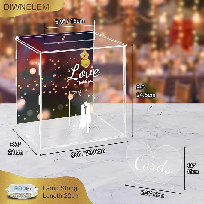 DIWNELEM Wedding Card Box with Lock&Light Large Letter Envelope Box Wedding Gift Card Box Money Box for Reception Baby Shower Birthday Party Graduation Decorations