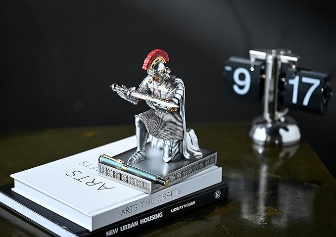 CYXStar Roman Praetorian Prefect Warrior Knight Pen Holder Desk Ornament Resin Praetorian Guard Mobile Phone Stand Desk Accessories and Organizer for Office with a Letter Opener (Silver)