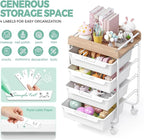 Rolling Storage Utility Cart With 4 Drawers,Kids Craft Art Cart,Makeup Organizer And Storage with Wooden Tabletop,White