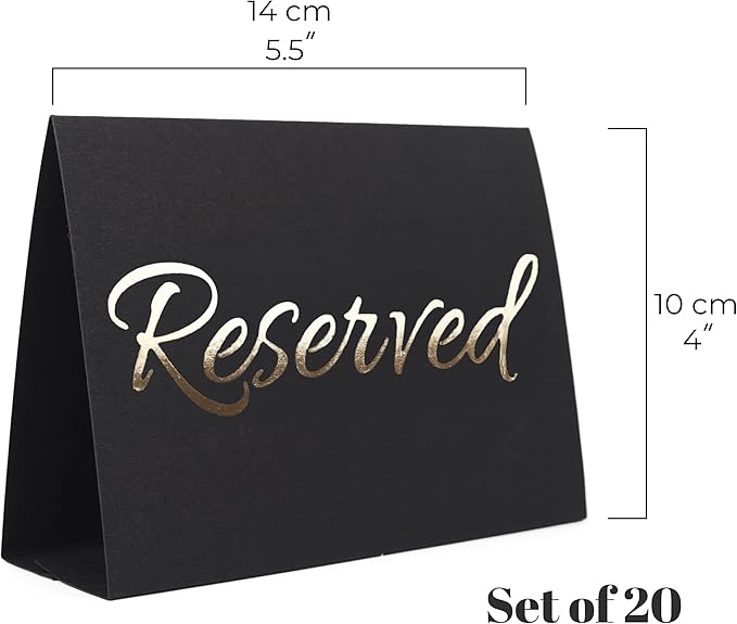 20 Pack Black Reserved Table Sign with Golden Letters - Reserved Signs For Wedding - Wedding Accessories - Tent Cards For Reserving Seats & Places - Place Cards for Party