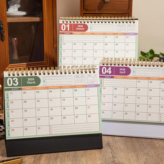 Large Desk Calendar 2026, Standing Flip Medium Desktop Calendar from Now to December 2026 - Metal Ring Twin-Wire Binding Monthly Desk Calendar for Home Office School, 9.9" × 8.7"(L-Black)