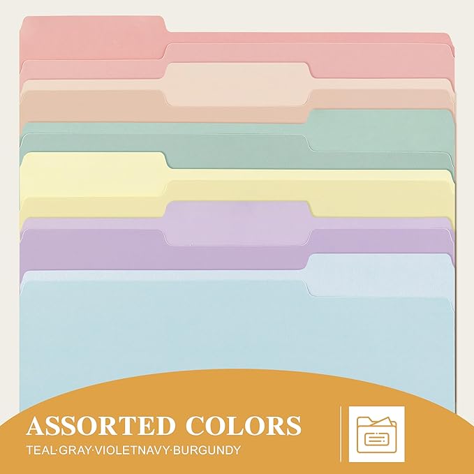Color File Folders, 1/3-Cut Tabs, Letter Size, 6 Colors Organizer File Folders for School Home Office Business (60, Pastel Colors)
