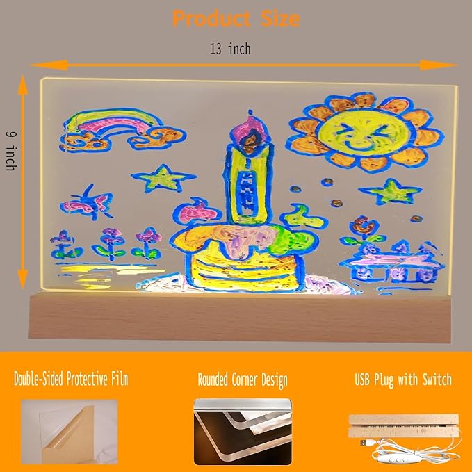 FRELWIM 13 x 9 Inch LED Drawing Writing Lumi Board with Colors, Clear Acrylic Light Up Desk Table Dry Erase Message Memo Note Board with Stand (Colorful, Large)