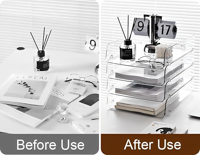 Gagee 4 Pack Paper Organizer for Desk,Clear Stackable Paper Sray Holder, Office Desk Organizer for Notes, Pens, File, Document