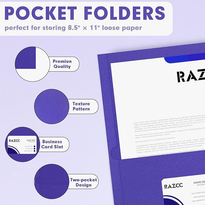 Two Pocket Folders, RAZCC 50 Pack 2 Pocket Folders Fit Letter Size Paper, Paper Folders with Pockets for School Office Business Home (Purple)