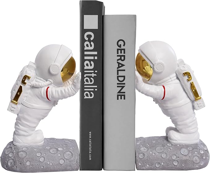 Kakizzy Decorative Space Theme Bookends - Astronaut Resin Bookends with Anti-Slip Base - Sturdy, Fun & Unique Book Holders for Heavy Books (Gold)