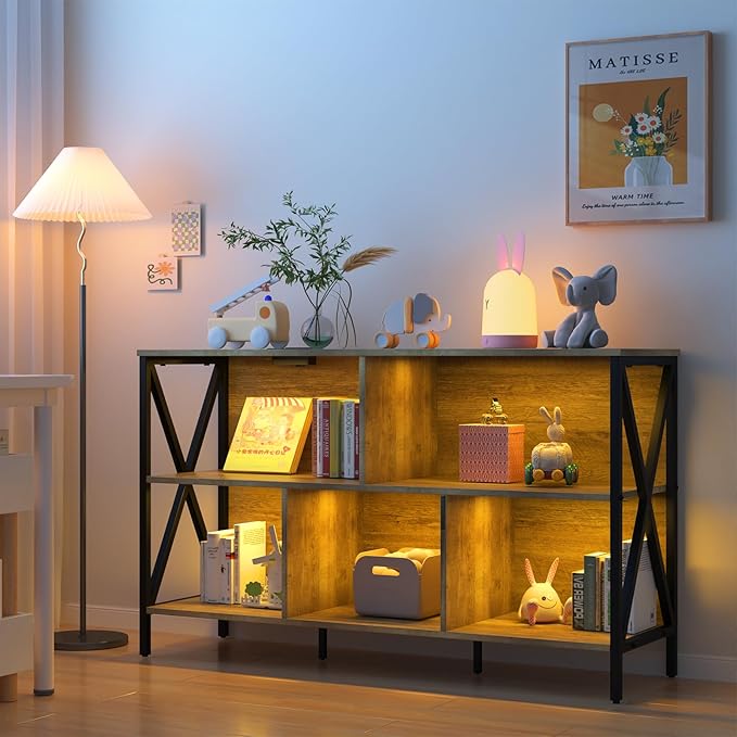Horizontal Bookshelf,Industrial Modern 5 Cube Low Wide Cubby Bookcase with led Light,Long Wood and Metal Storage Organizer Open Shelf, Short Book Shelf Bedroom Storage for Home Office Living Room(Oak)