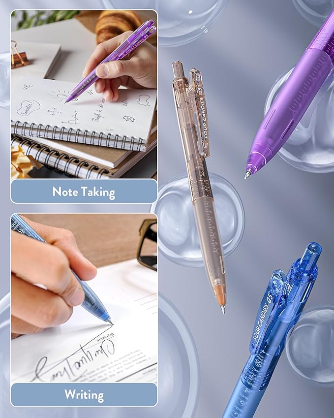 Four Candies 6Pack 0.5mm Black Ink Quick Dry Retractable Gel Pen Set, Cute Transparent Pastel Fine Point Note Taking Aesthetic lnk Pens, Comfort Grip Drawing Writing School Office Home