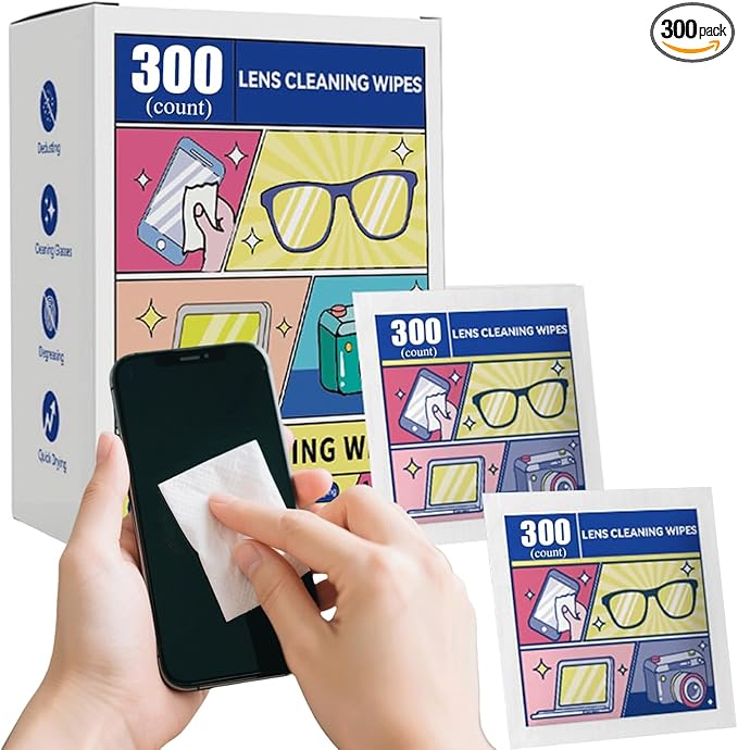 Pre-Moistened Lens Cleaning Wipes, 300 Pcs Cleaning Wipes for Glasses, Computer & Laptops Screens, Smart Phones, Optical Lens, Goggles, and Watch Screen l Quick-Dry and Scratch-Free