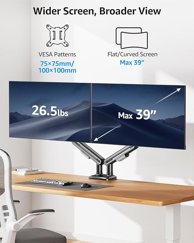 MOUNTUP Dual Monitor Mount Holds 4.4-26.5lbs, Heavy Duty Monitors Arm for 39 37 34 32 27inch,Double Monitor Stand for 2 Monitor, Height Adjustable Monitors Desk Mount with C-Clamp＆Grommet Base