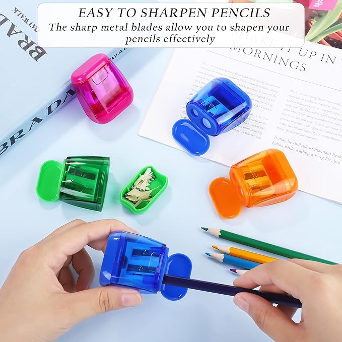 Aodaer 48 Pieces Manual Pencil Sharpeners Dual Hole Compact Sharpener with Lid for Pencil Sharpener in Office, Home Mixed 4 Colors